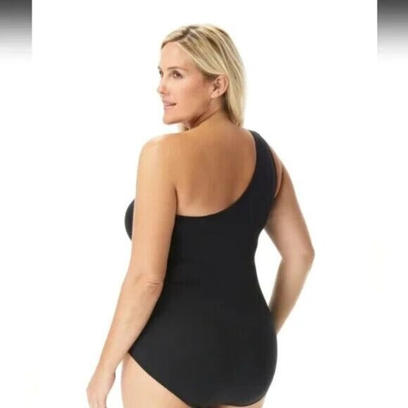 Michael Kors Plus One Shoulder Swim One-Piece Swimsuit 16 Black - Picture 4 of 5